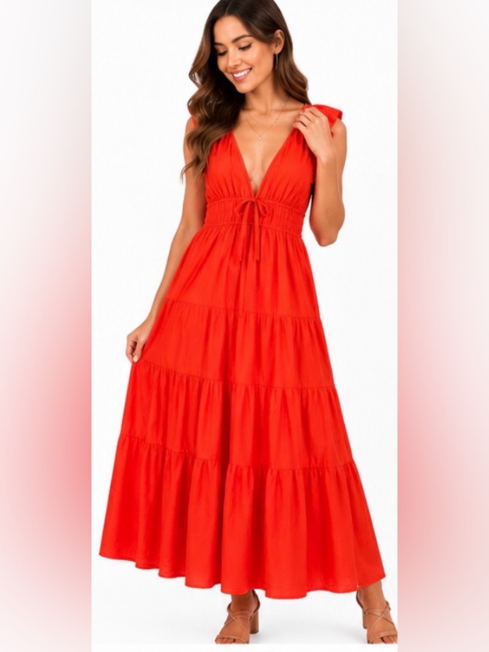 TCEC NWOT Orange Cotton Tiered Maxi Dress Ruffle Sleeve Small